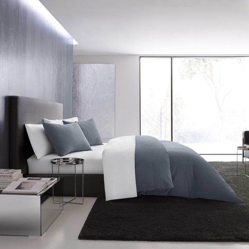 Vera Wang - King Duvet Cover Set, Soft Cotton Bedding with Matching Pillowcases, Button Closure & Inner Corner Ties, 3 Piece Bed Set (Waffle Pique Midnight Blue) - Image 1